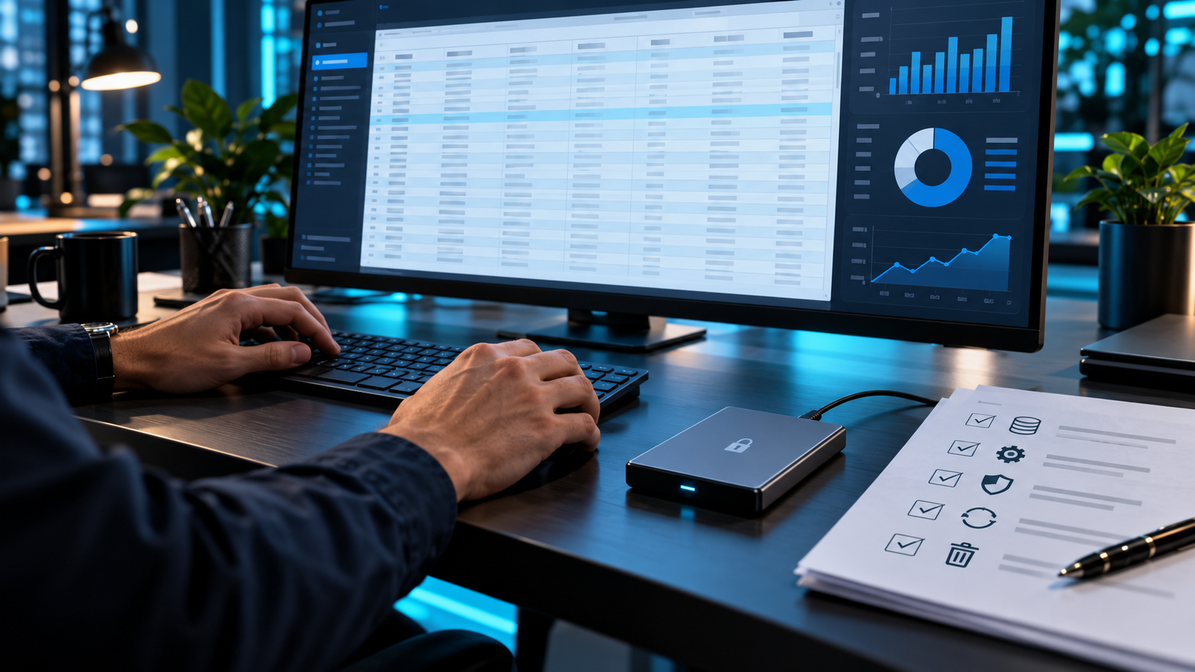 Analyst reviewing a CSV export lifecycle beside protected storage