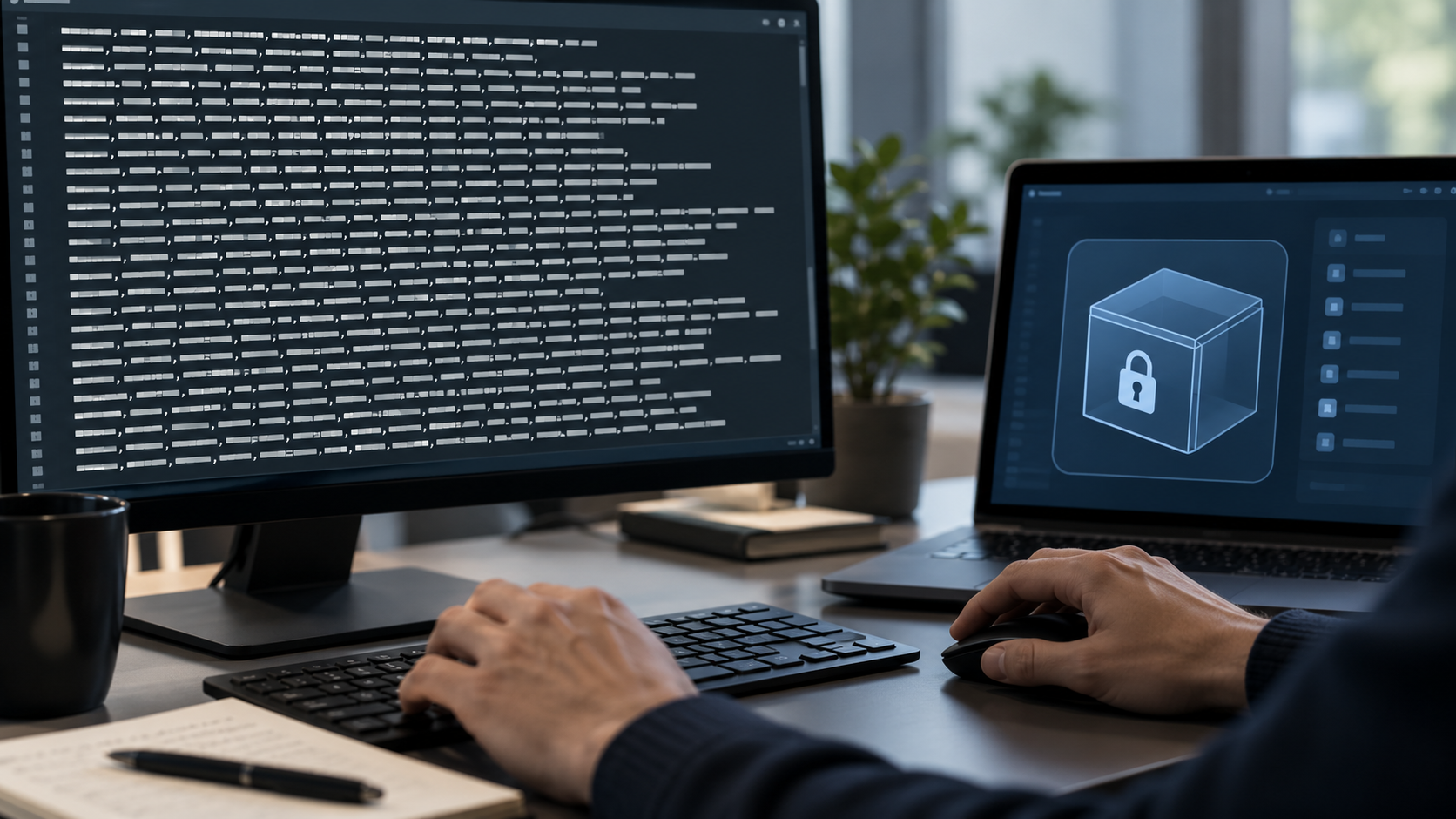Analyst comparing plain CSV rows with an external protected container