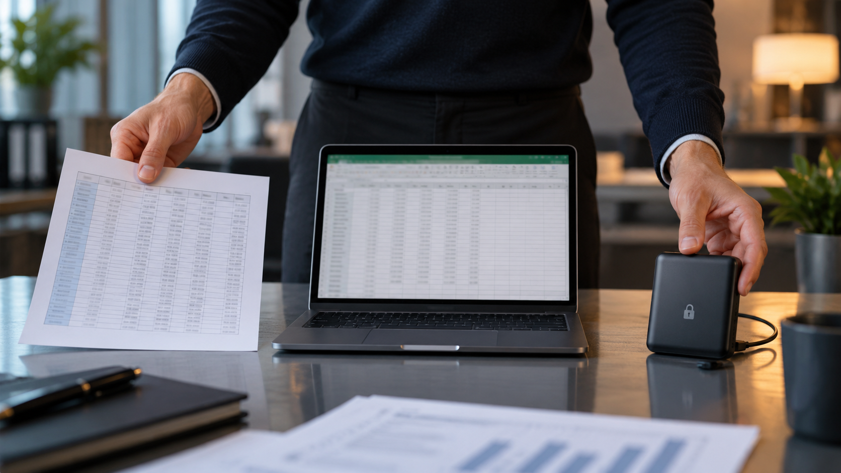 Hands comparing CSV, spreadsheet workbook and encrypted storage options