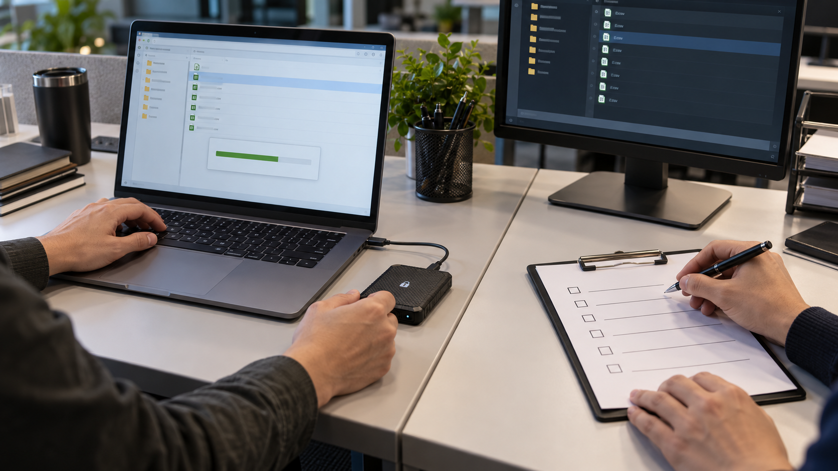 Analysts transferring CSV exports between workstations with a protected drive